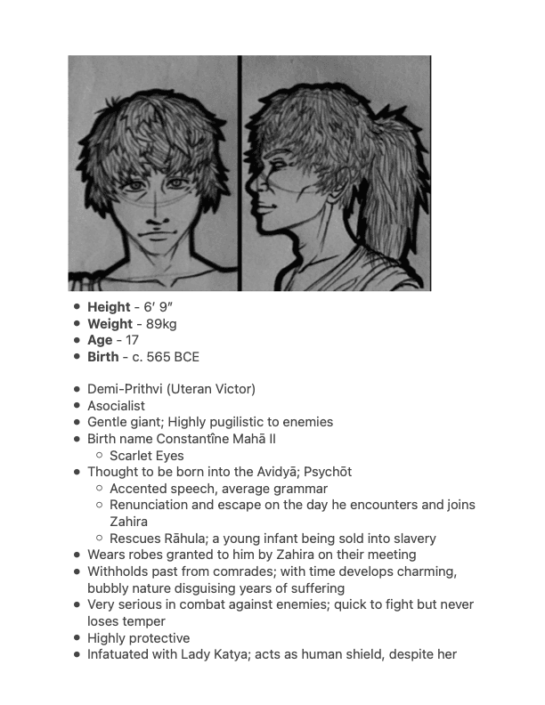 Kriśtian face study — front + side profile, hand-drawn ink. Reference for messy-haired warrior with ponytail, lean angular features. Heir to the Heliōs throne (born Constantîne Mahā II).