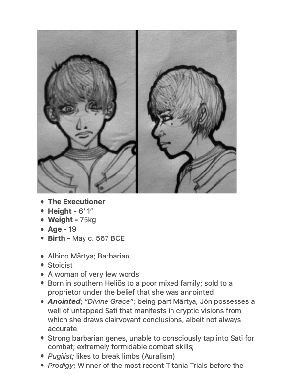 Jōn Darc — two-panel face study (front + profile). Establishes the Anointed prodigy's public Executioner appearance.