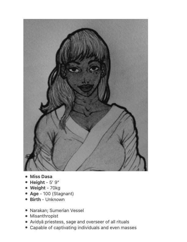 Sumitra / The Enchantress / Miss Dasa — single bust portrait. Long wavy hair with bangs, doe eyes, draped one-shoulder wrap, faint freckles. Avidyā priestess and overseer of all rituals.