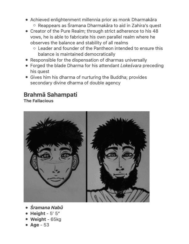 Brahmā Sahampati / The Fallacious / Śramana Nabû — 2-panel character study. Left: younger face with painted/marked cheek lines, wide-eyed, spiky hair (likely his terrestrial Śramana Nabû teaching years). Right: older bearded version (his late-mortal years, mentor to young Zahira). Pen and ink.